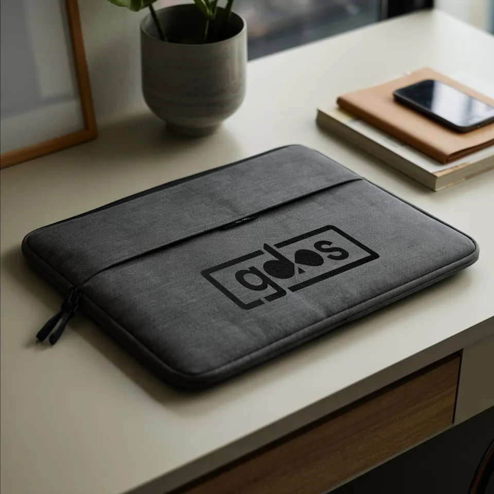 Grey fabric laptop sleeve with the gdos logo embossed, lying on a desk next to books and a plant.
