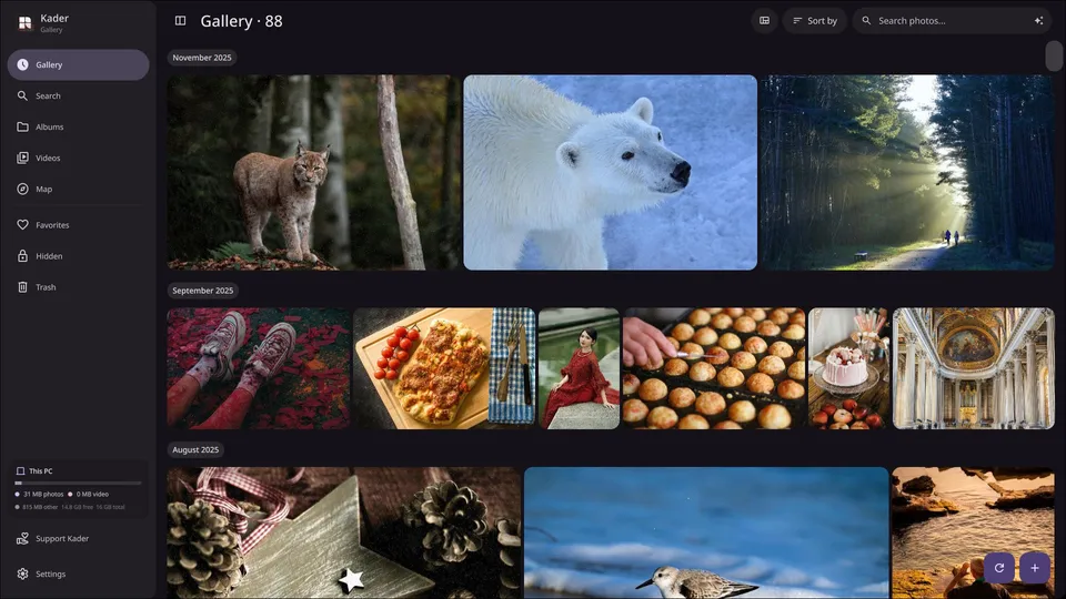 Kader’s gallery, a mosaic timeline of photos with a sidebar for albums, videos, map and favourites