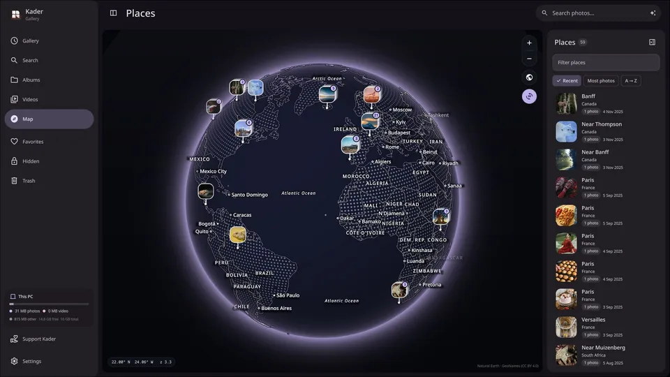 Kader’s globe view with photo pins and a list of places on the right