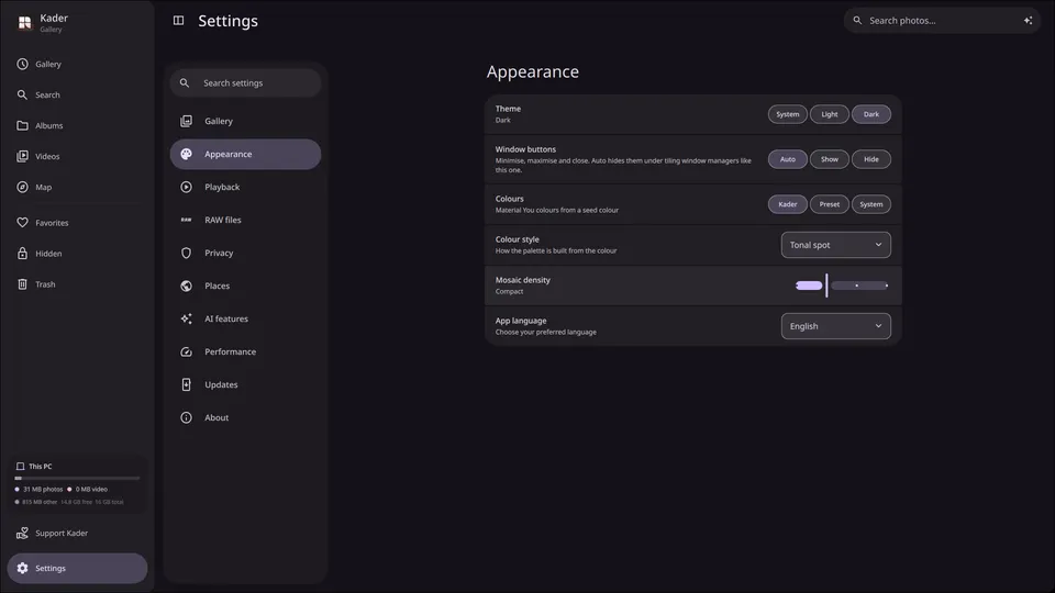 Kader’s Appearance settings with colour and theme options