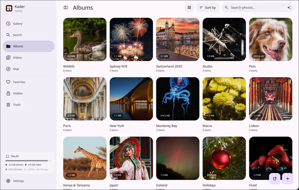Kader’s Albums view, a grid of album covers with titles and item counts