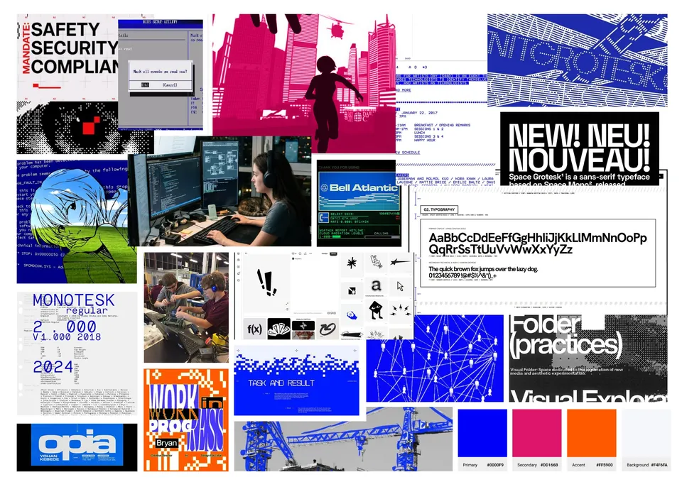 Moodboard collage with BIOS screens, systems typography, pixel textures, brutalist posters, engineers at work and the colour palette in indigo, pink, orange and white.