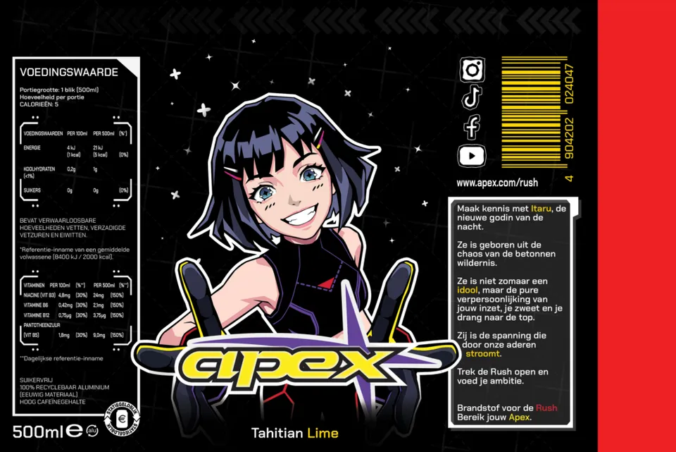 Black Apex can label with an illustrated blue-haired character and yellow logo.
