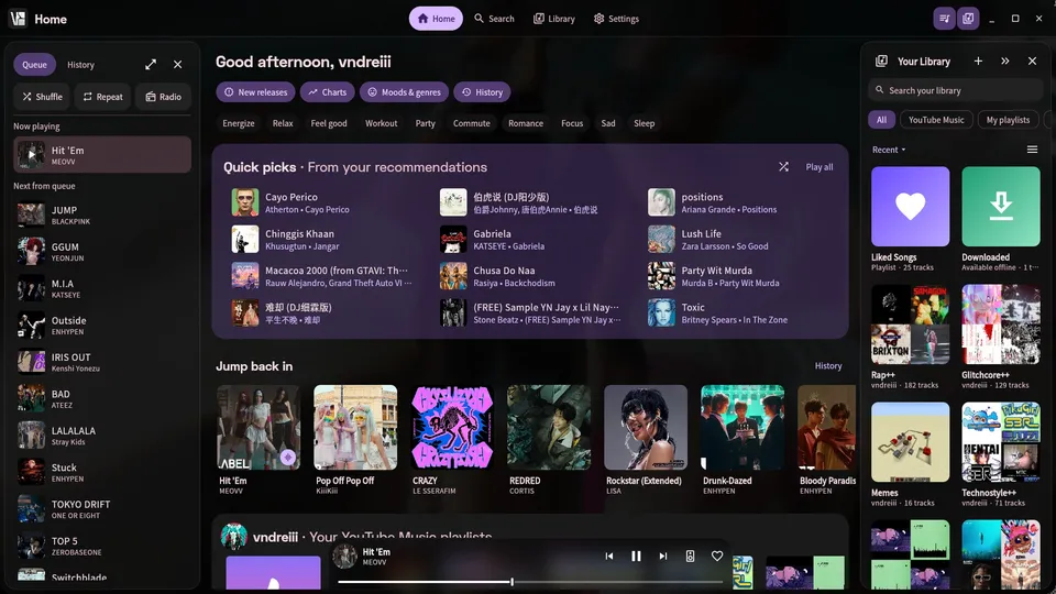 VIsage's Home page with a blurred glass look, a queue on the left and the library on the right