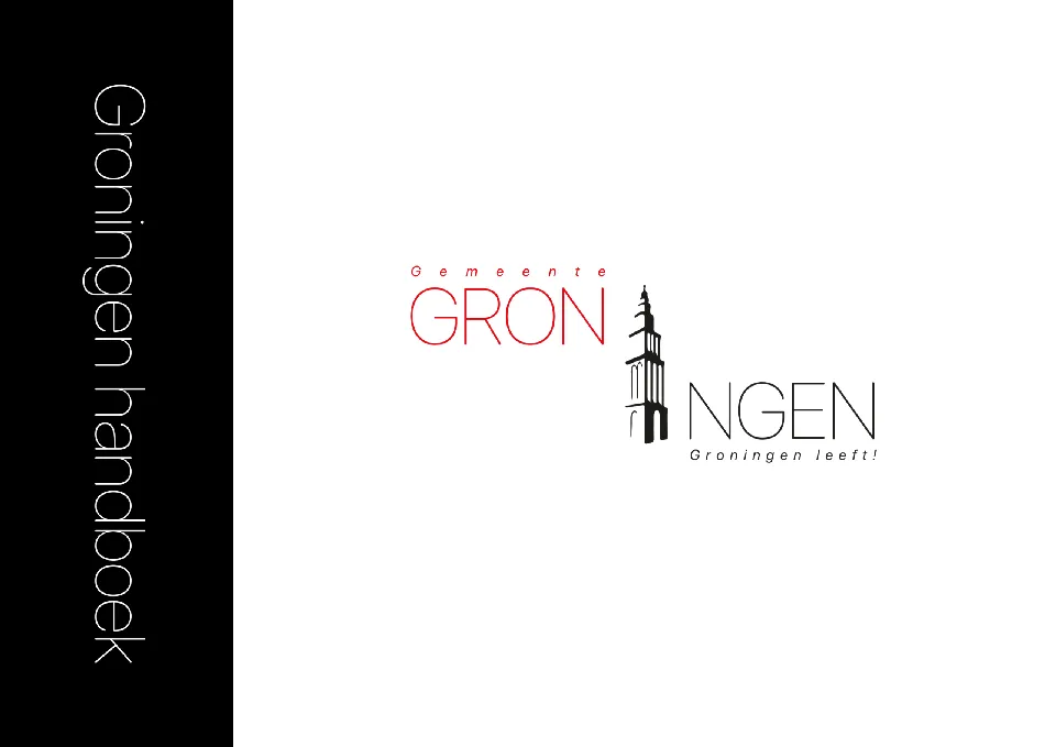 Groningen visual identity handbook cover with red and grey typography on white.