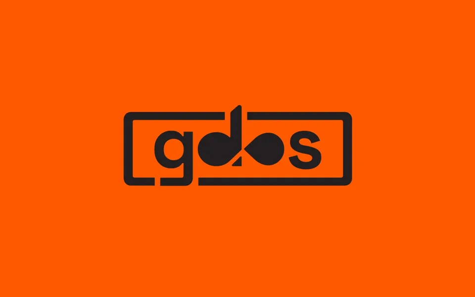 The gdos logo in black inside a frame on an orange background.