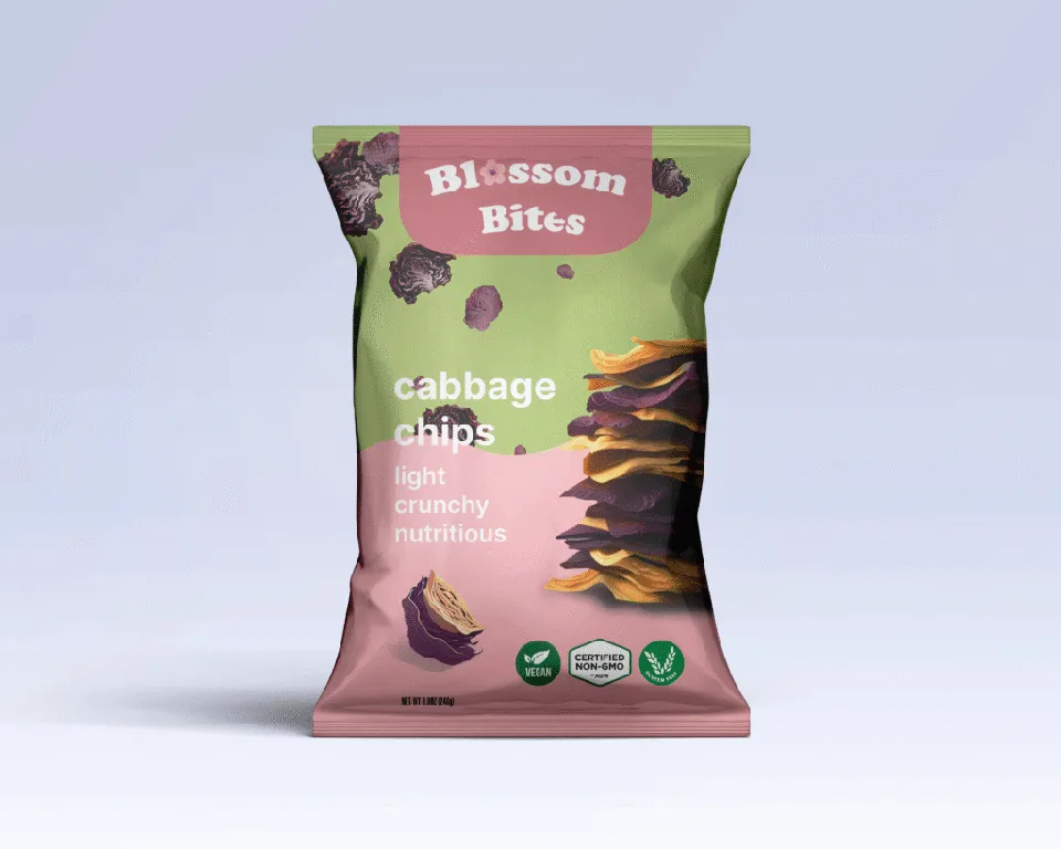 Blossom Bites snack packaging mockup: a pink-and-green bag with a cartoon face.