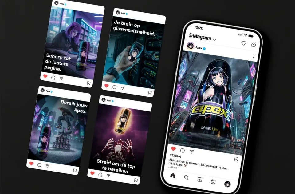 Apex drinks campaign shown as social posts and a mobile feed.