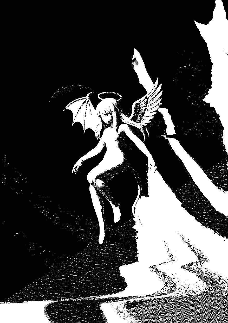 Black-and-white Angel of Darkness illustration with a figure suspended above a jagged landscape.