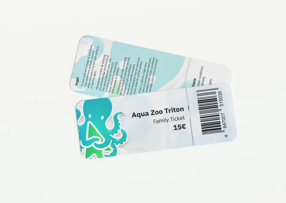Front and back of an Aqua Zoo Triton family ticket with a barcode, on a white surface.