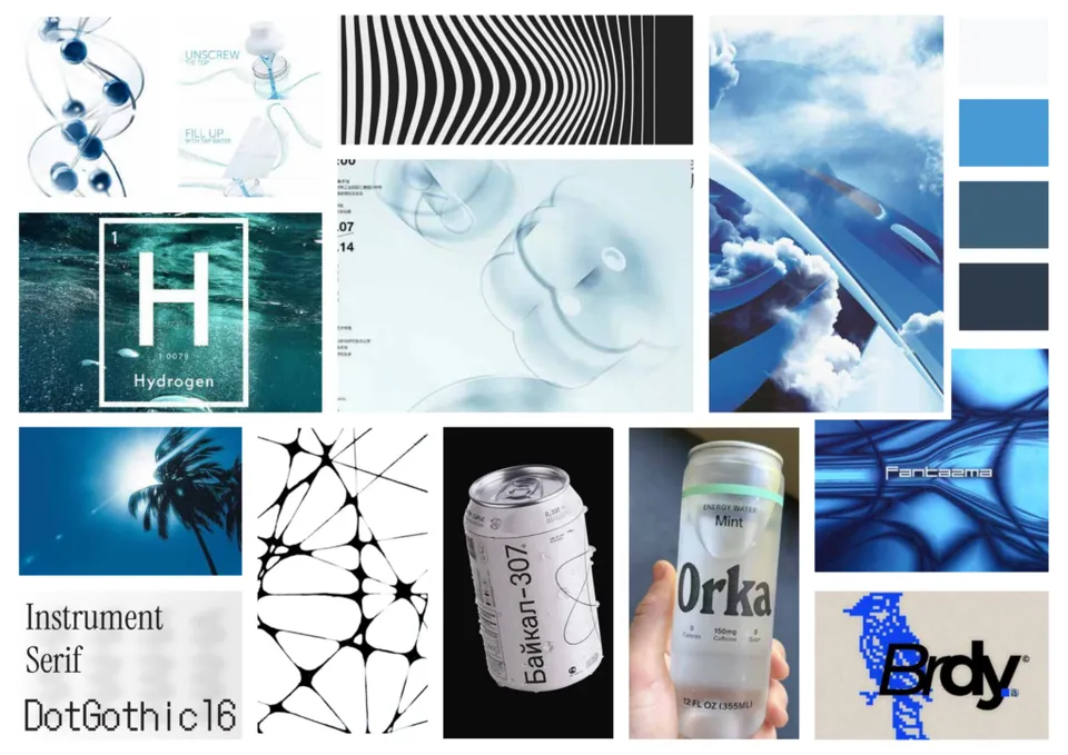 Vessel moodboard combining cool blue colours, water, graphic patterns and packaging.