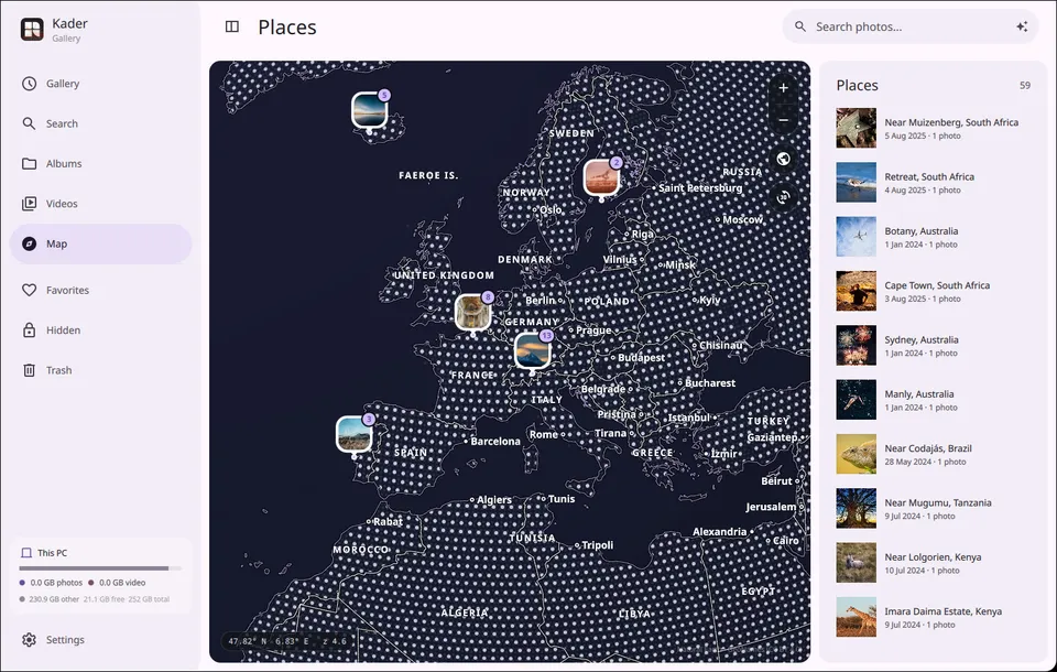 A map of Europe with photo pins and a places list