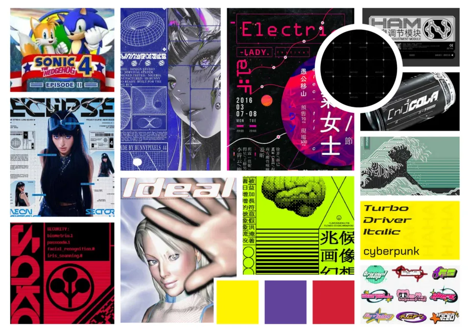 Apex moodboard combining anime, bright typography and energetic poster layouts.