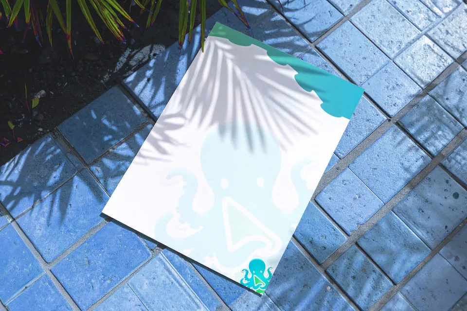 Aqua Zoo Triton letterhead with a teal wave and a pale octopus watermark on blue tiles in palm shadow.