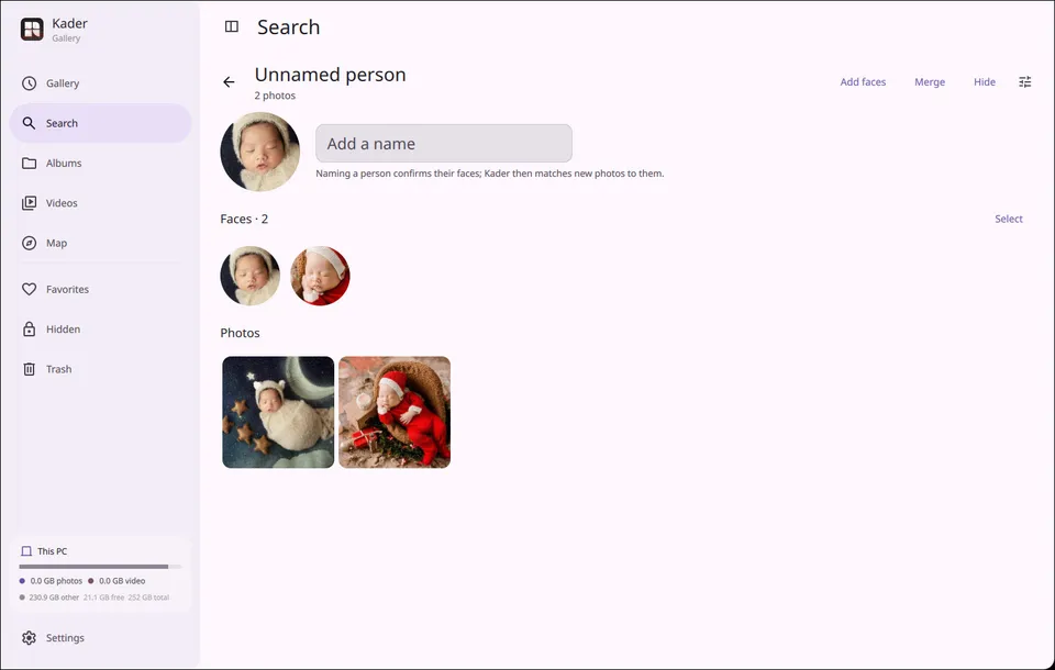 A person page in Kader with their faces and photos