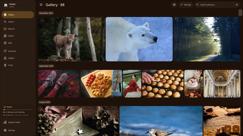 The gallery in a dark orange theme