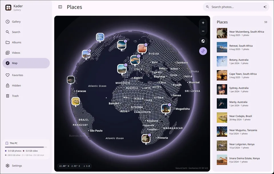Kader’s globe view with photo pins and a list of places on the right
