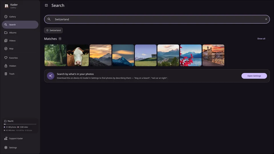 Kader’s Search view showing matches for the word Switzerland