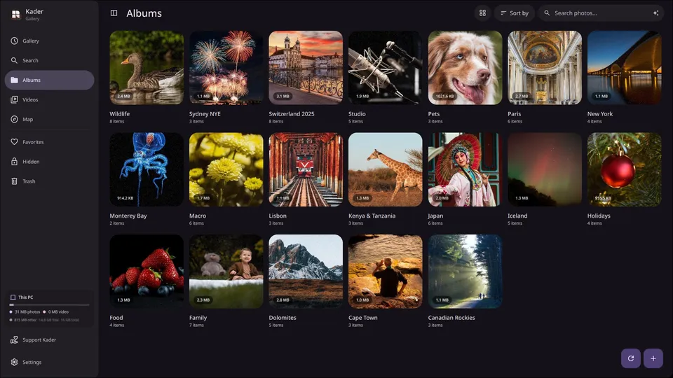 Kader’s Albums view, a grid of album covers with titles and item counts