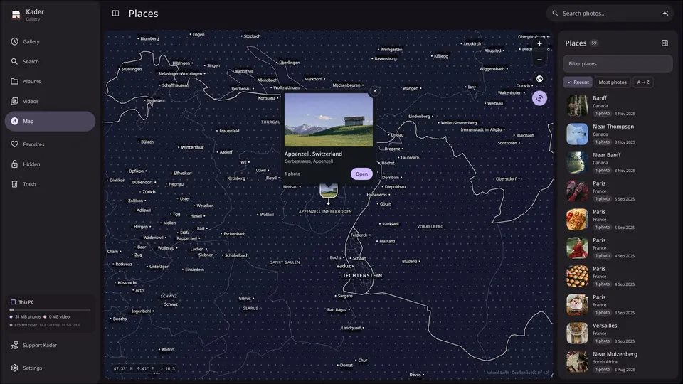 A map of Switzerland with a place card