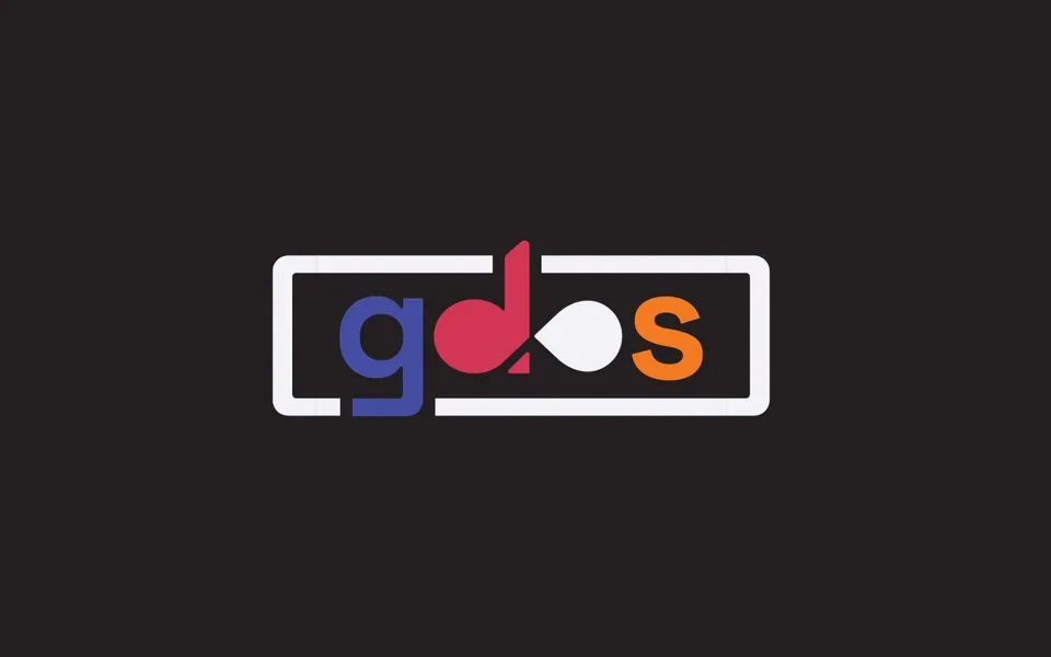 The gdos logo in colour inside a white frame on a black background.