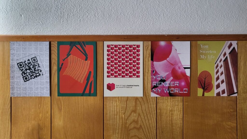 The A3 posters being hung on a wall in order from left to right